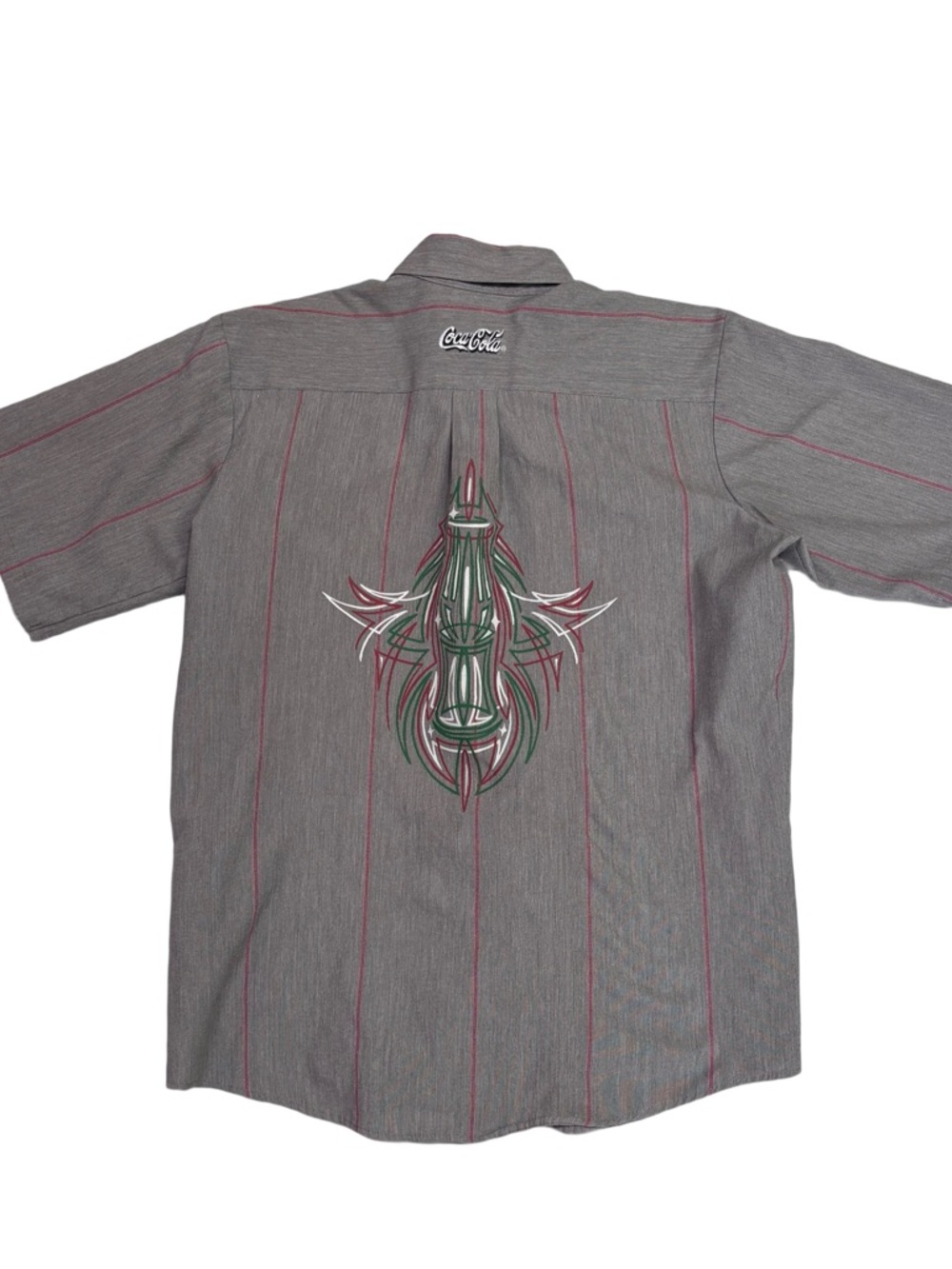 One of a kind Hand Painted Coca Cola Grey Striped Short-Sleeve Button-Up Shirt